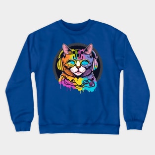 t-shirt design, colorful cat with headphones on, graffiti art psychedelic art, black background, synthwave, colorful Crewneck Sweatshirt
